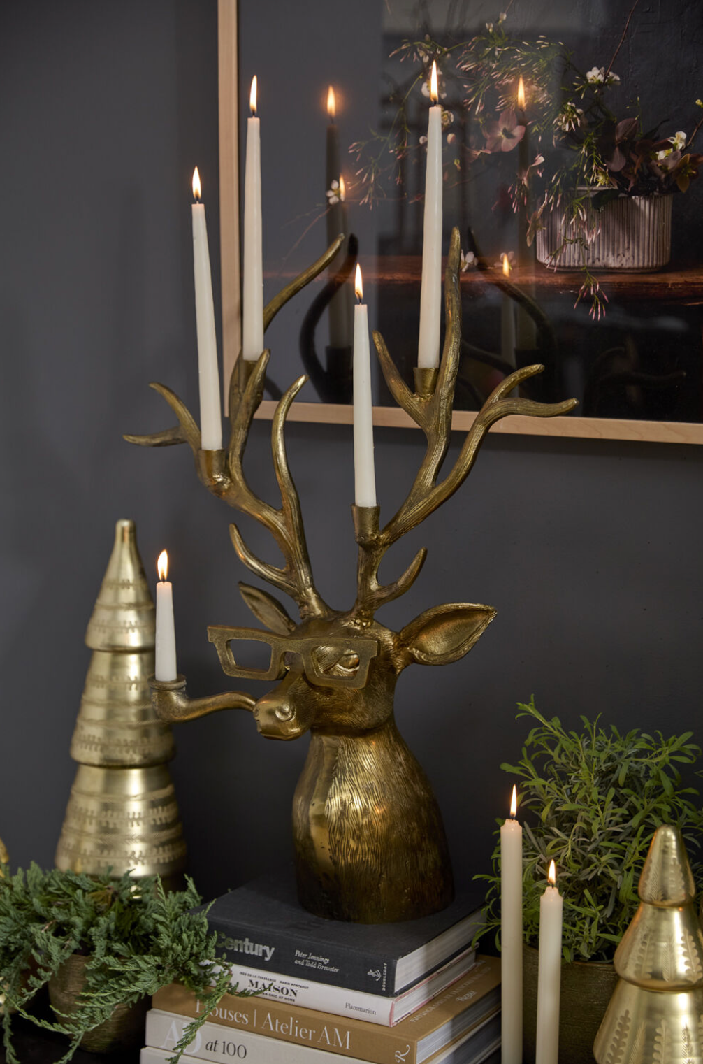 Eric and Eloise Collection - Large Frankie The Smoking Stag Bronzed Taper Candle Holder